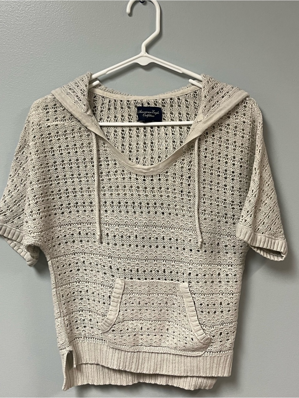 American Eagle Outfitters Cream Open-Knit Hooded Short Sleeve Sweater